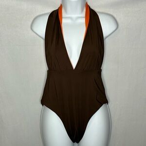 Reverse Brown & Orange Pin-Up Halter One-Piece Swimsuit size Large